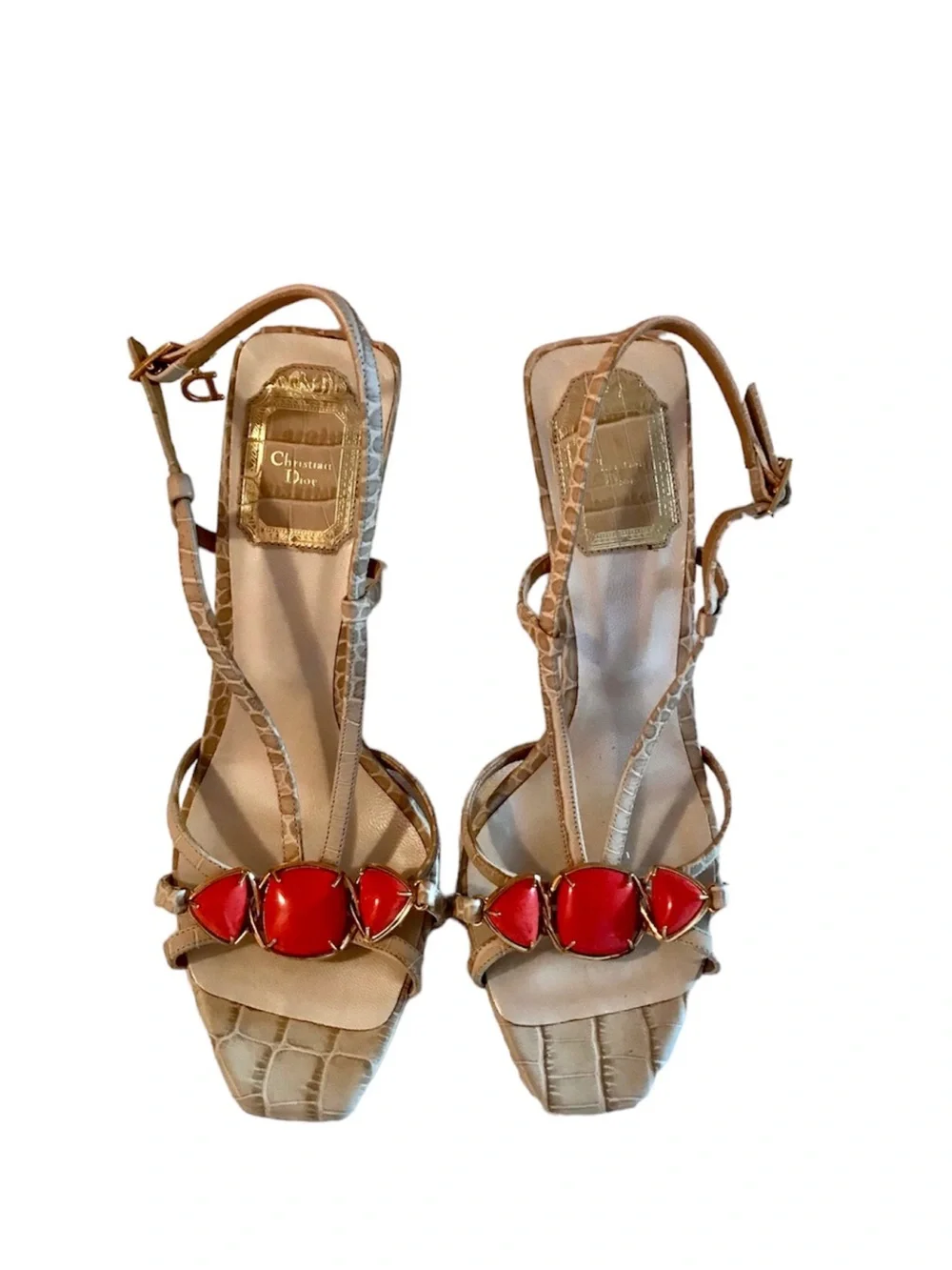 Dior Tan Croc-Embossed Slingback Heels with Red Gem Accents